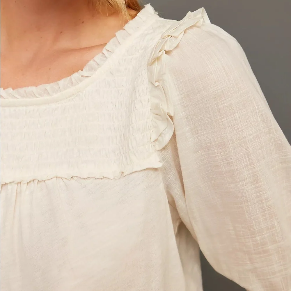 By Anthropologie Smocked Puff Sleeve Knit Top‎ 100% Cotton Cream Blouse Size M